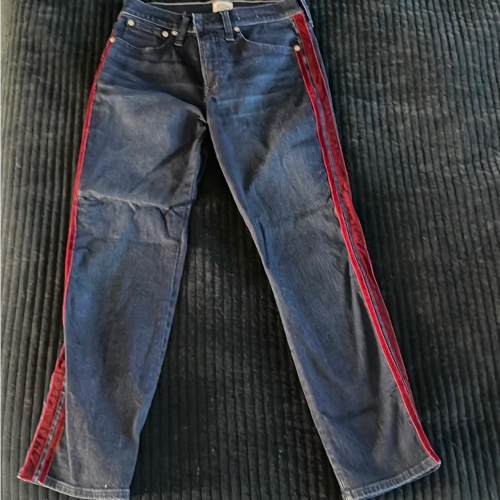 Jcrew Vintage Straight ankle jeans with burgundy velvet side stripe